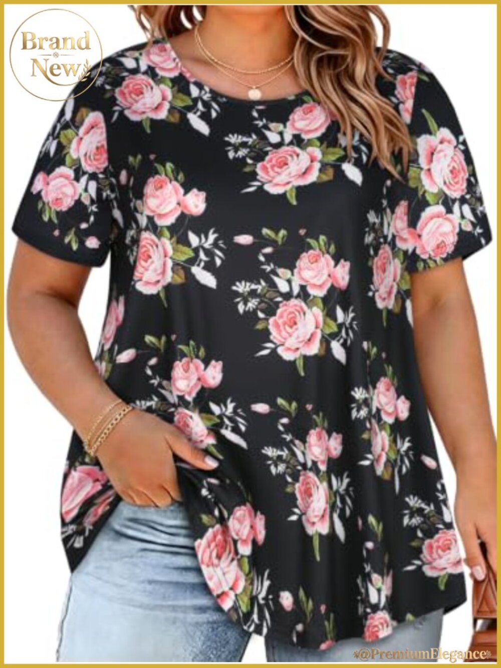 Women Plus Size Floral Tunic Blouse Flowy Boho Short Sleeve Top